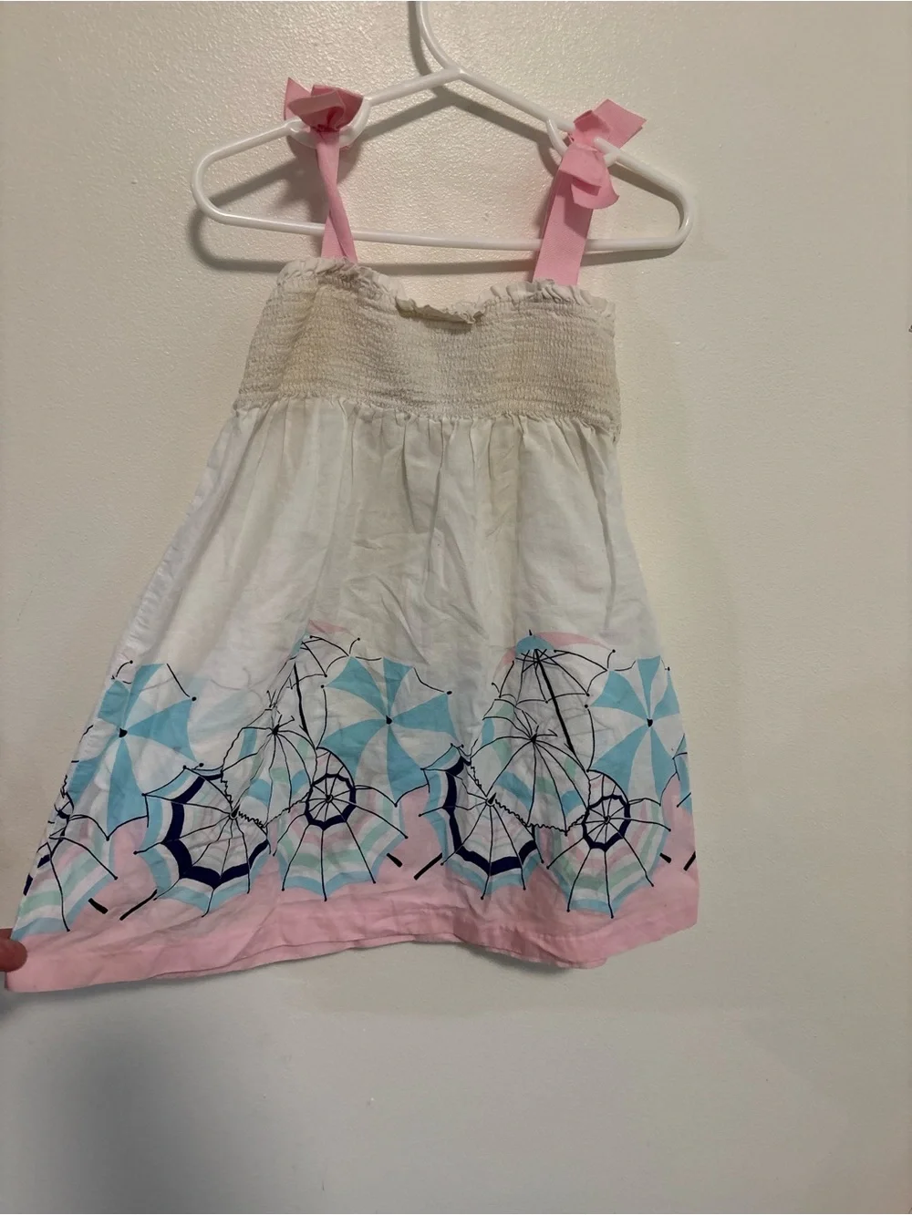 Janie and Jack 2T White Sundress Pink Straps smocked top Blue Umbrella Print